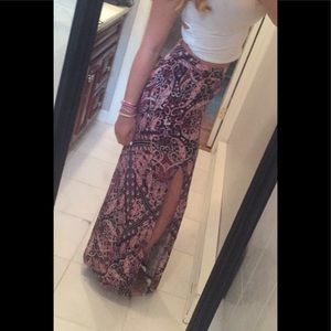 MAXI SKIRT w/ slit • pink and navy pattern